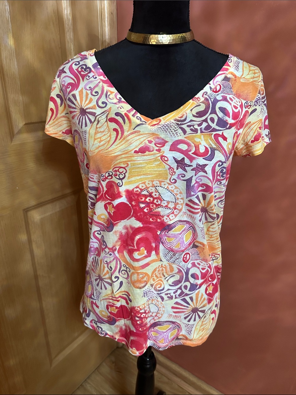 Women's V-Neck Short Sleeve Tee in Pink, Orange & Yellow Swirl Print